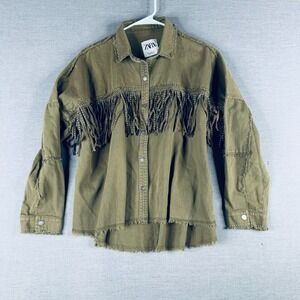 Zara Womens Snap Button Down Shirt Size Small Green Fringe Western Boho‎ Shacket